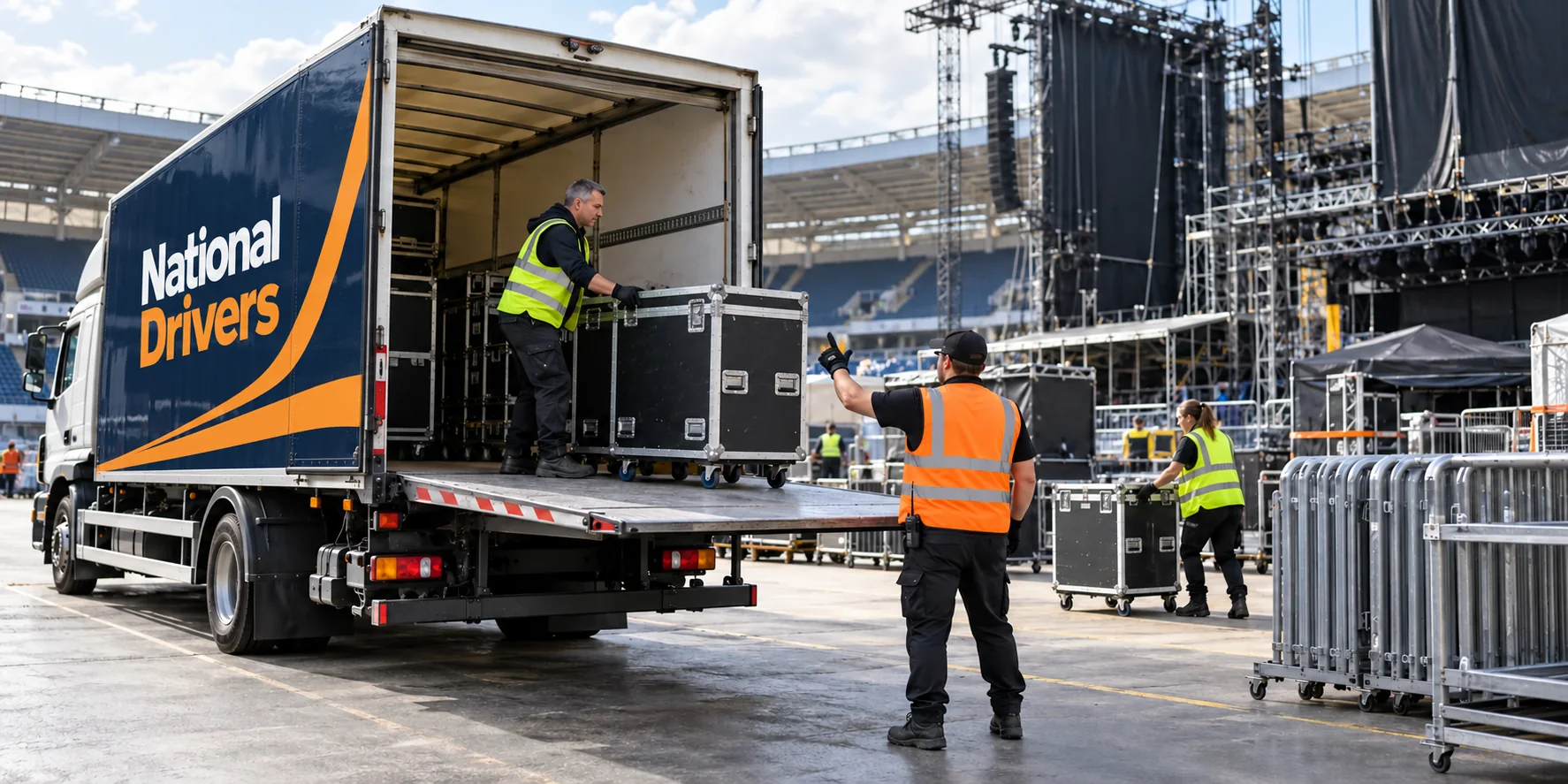 Event logistics vehicles unloading at a UK venue