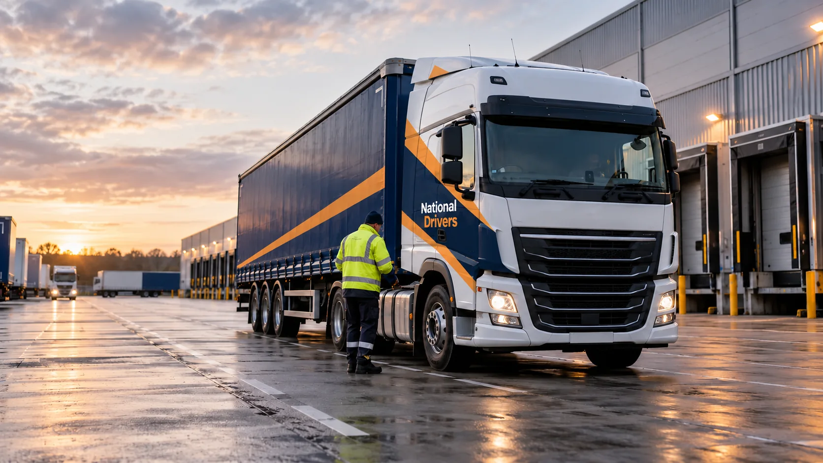 Professional HGV driver completing a depot vehicle check