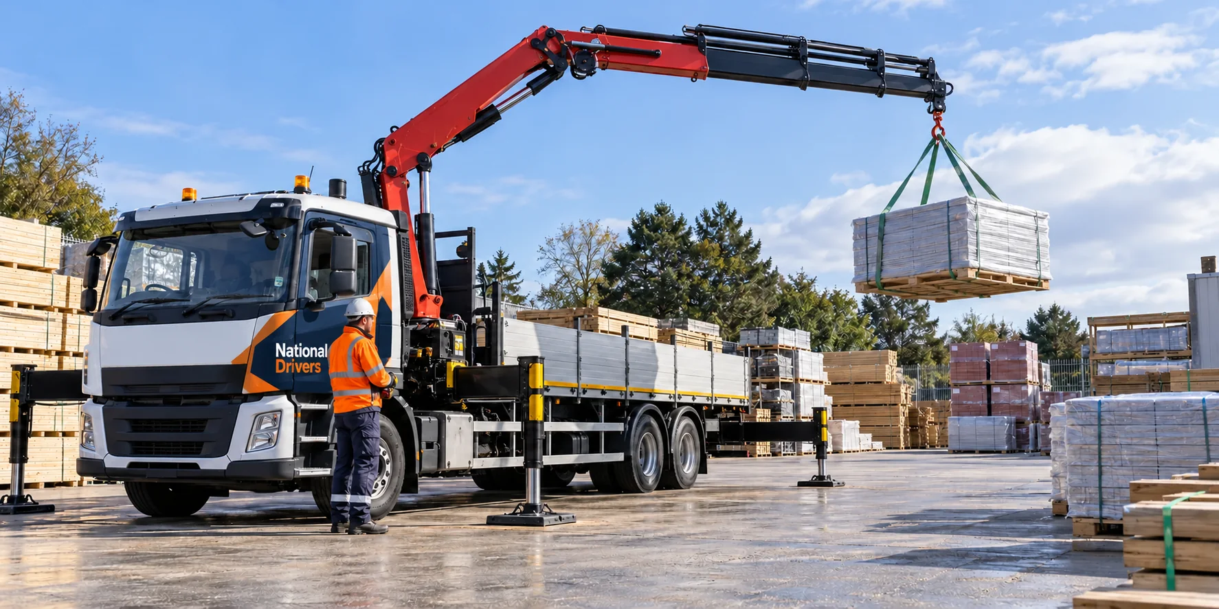 HIAB driver making a controlled building-materials delivery