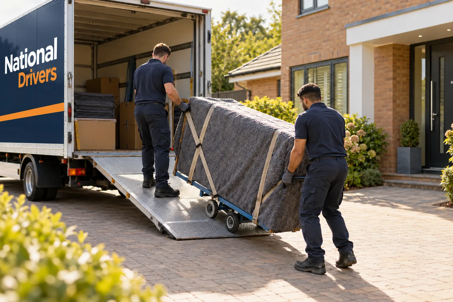 Two-person home delivery crew preparing a delivery