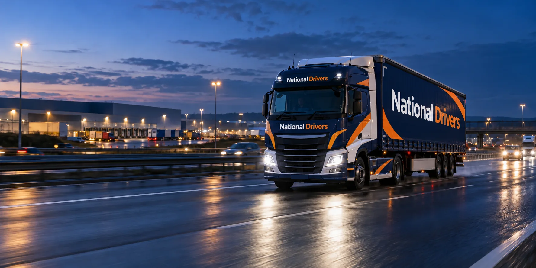HGV on a UK motorway during a night trunk operation
